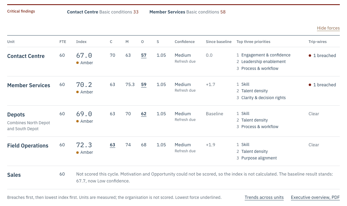The PerformanceVP Portal's organisation overview for a demonstration organisation: five units, each with its performance index, the four forces, confidence, movement since baseline, top three priorities and trip-wire status.