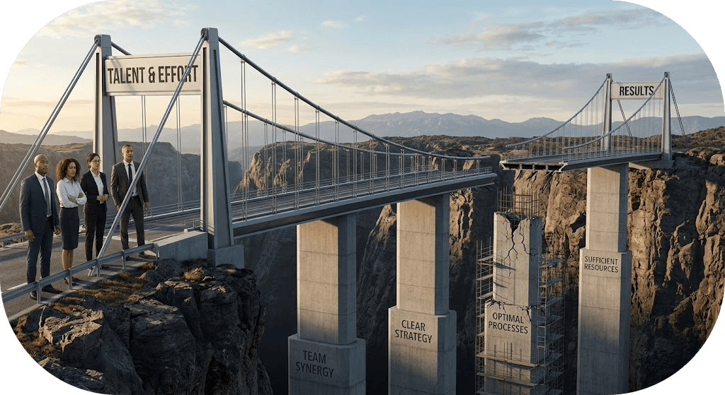 A team stands on a bridge marked Talent and Effort that reaches Results only across pillars labelled Team Synergy, Clear Strategy, Optimal Processes and Sufficient Resources.